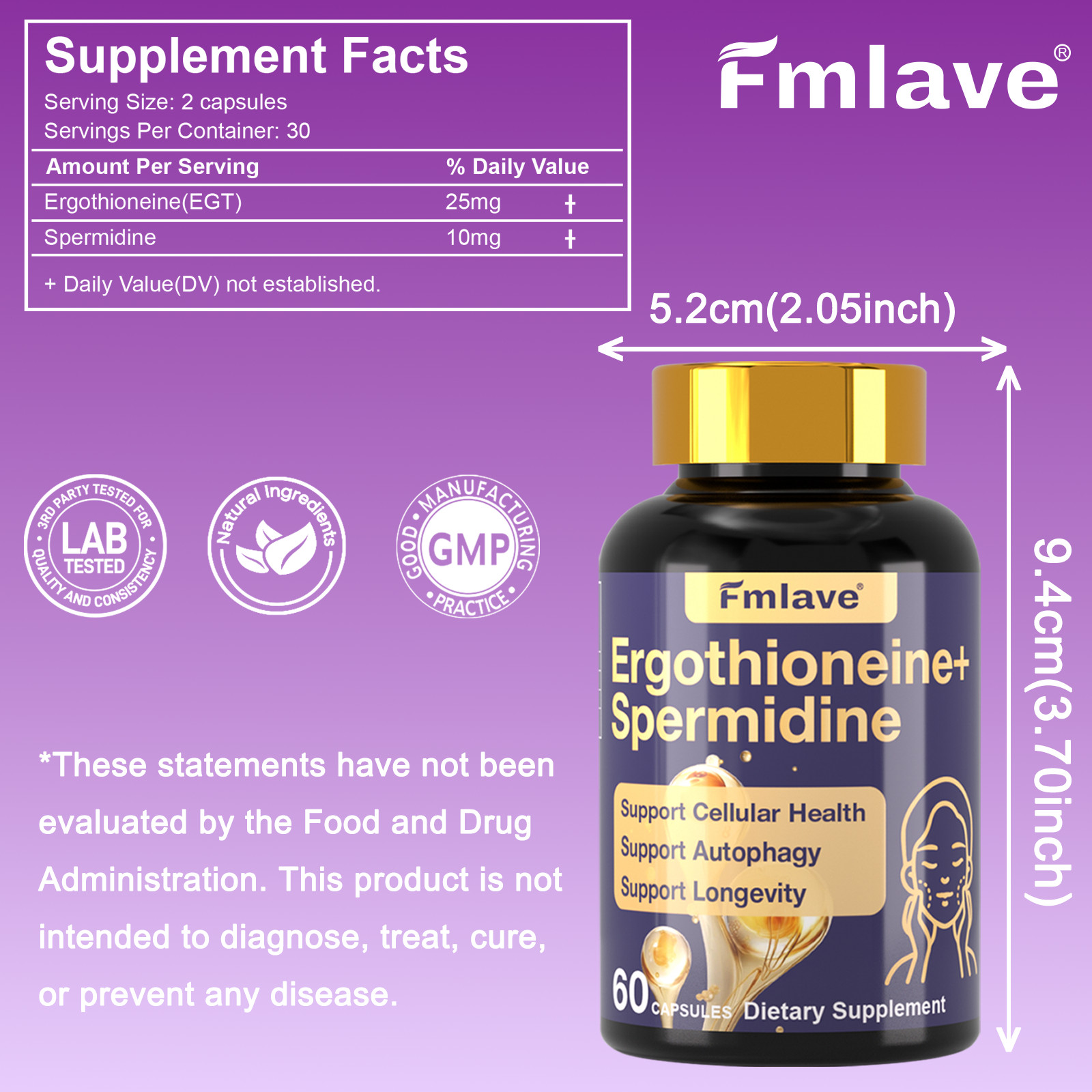 L-Ergothioneine 25 mg + Spermidine Supplement for Longevity & Anti Aging 60 Caps
