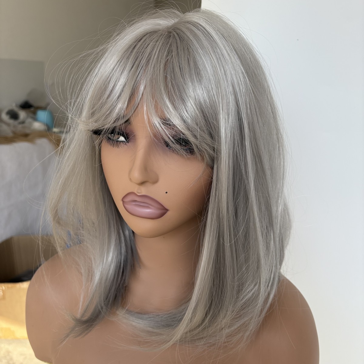 Grey Dress Up Wig With Bangs Synthetic Hair Heat Resistant Straight