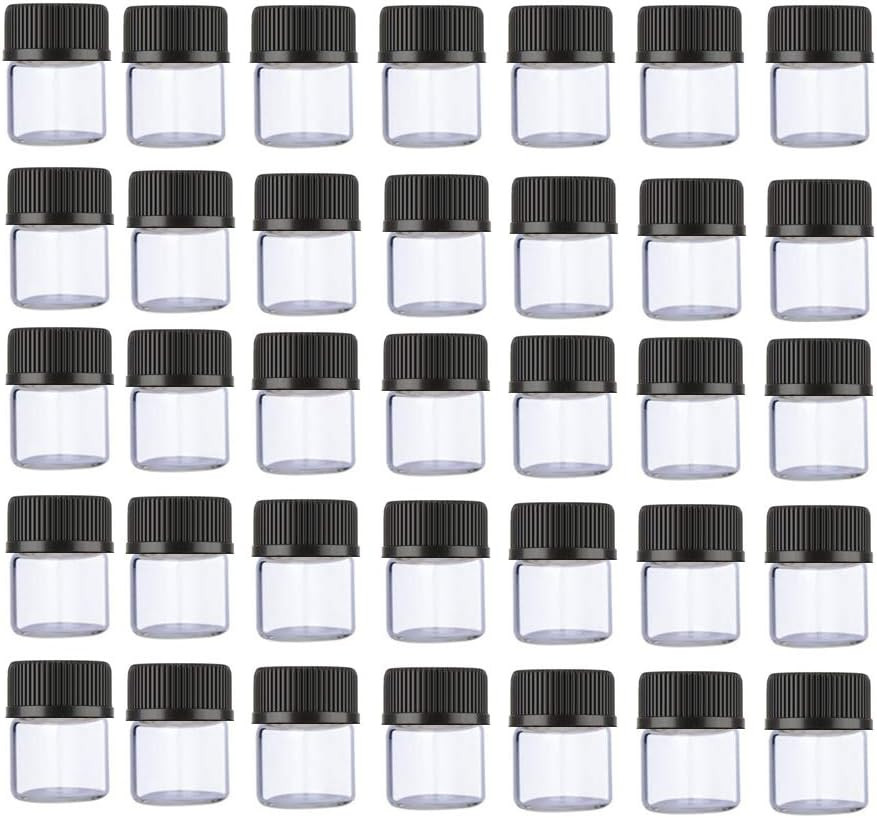 100PCS 1ML 1/4 Dram Mini Clear Glass Essential Oils Sample Bottles with Black Ca