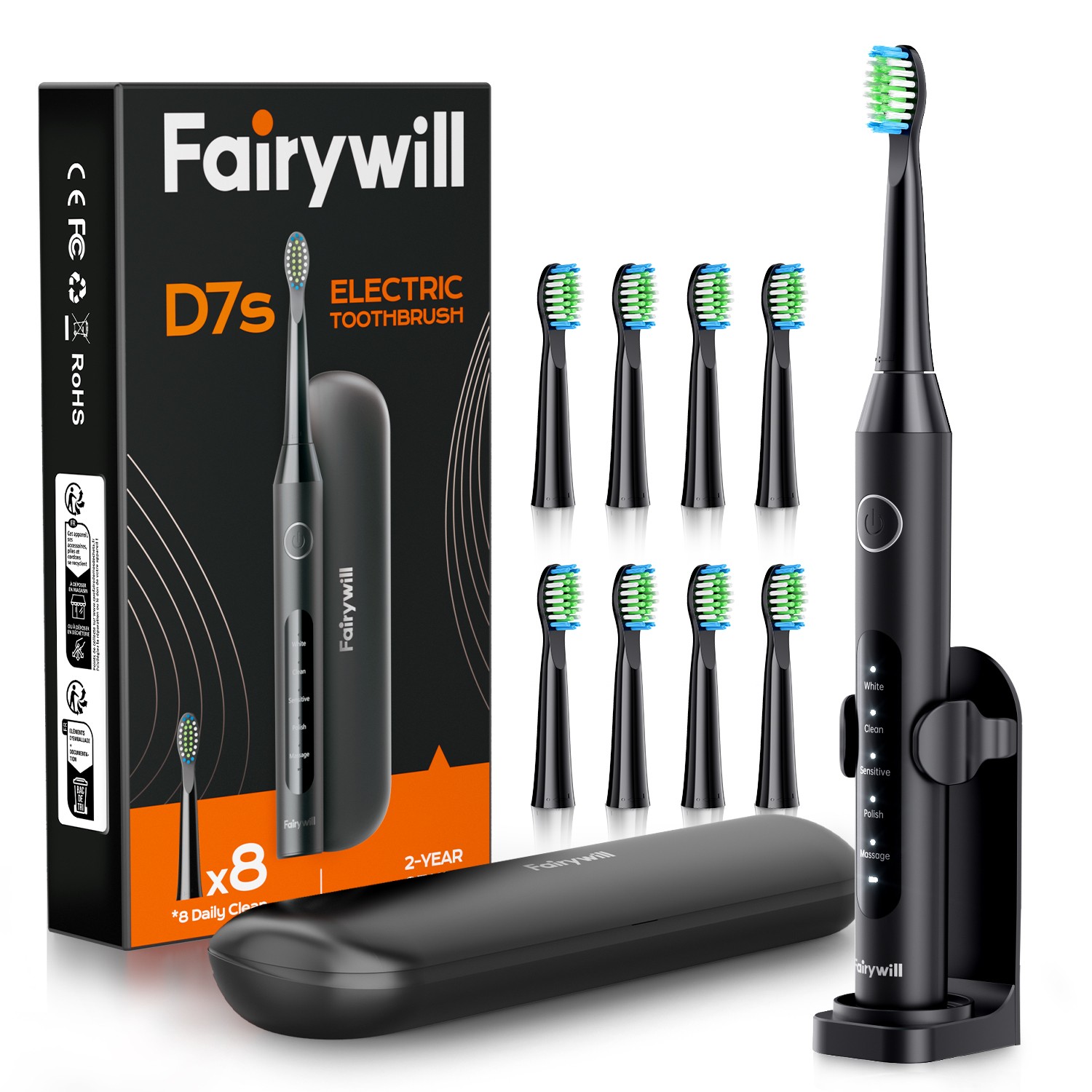 Fairywill Sonic Rechargeable Electric Toothbrush 8 Brush Head 5 Mode Travel Case