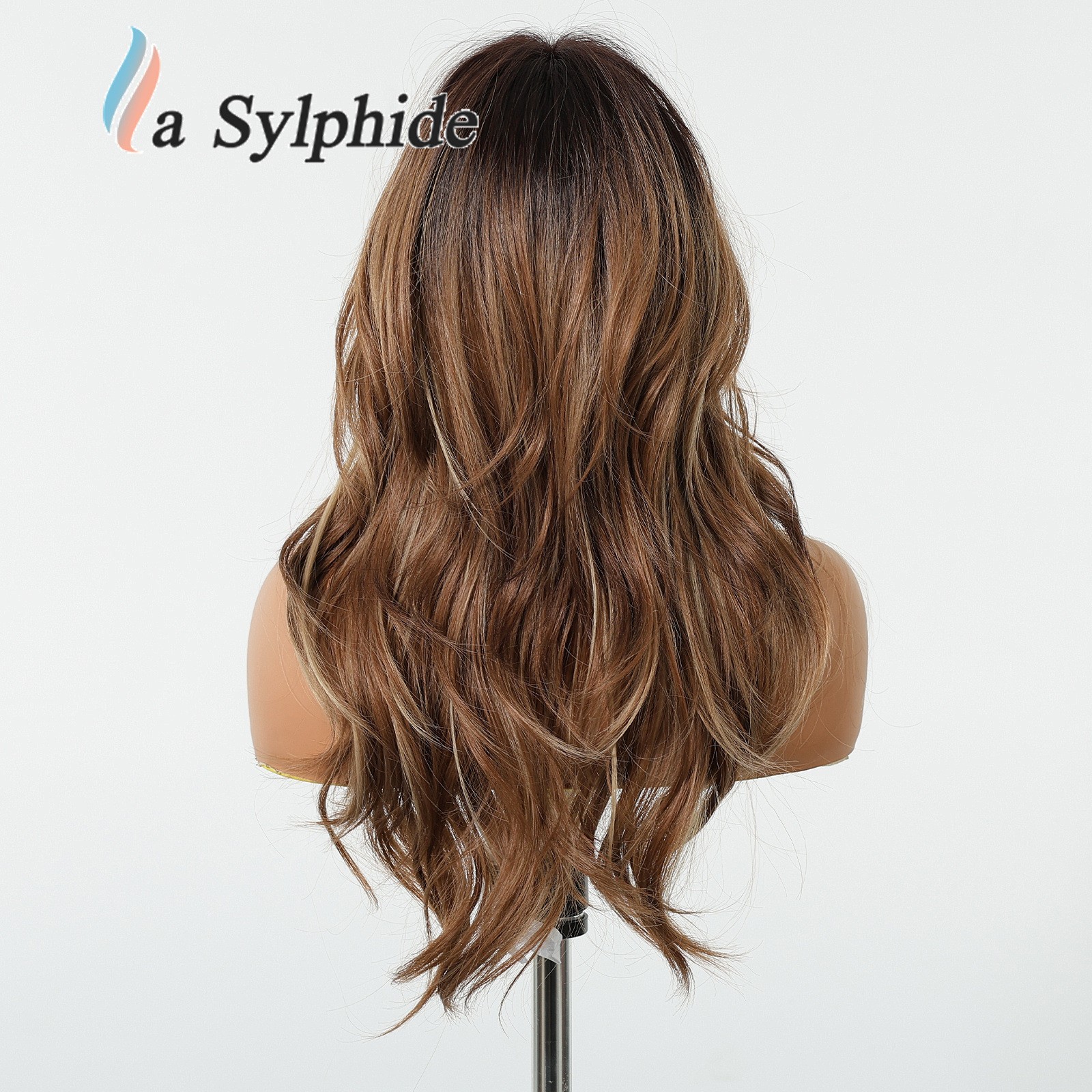 Brown to Golden Ombre Long Curly Wig With Side Bangs Rose Net Synthetic Full Wig