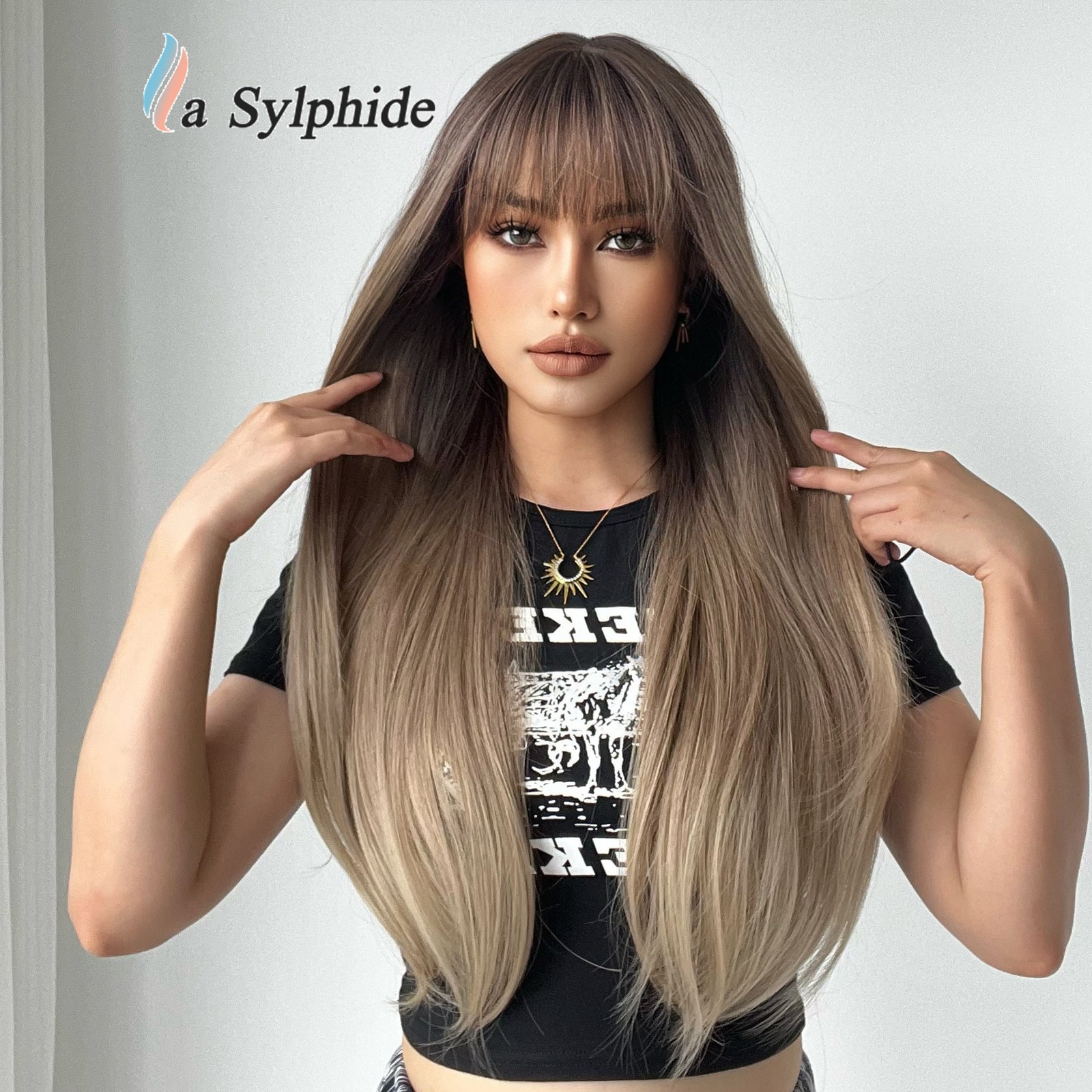 New Arrival Side Swept Bangs Ombre Brown to Blonde Straight Wig Heat Resistant
