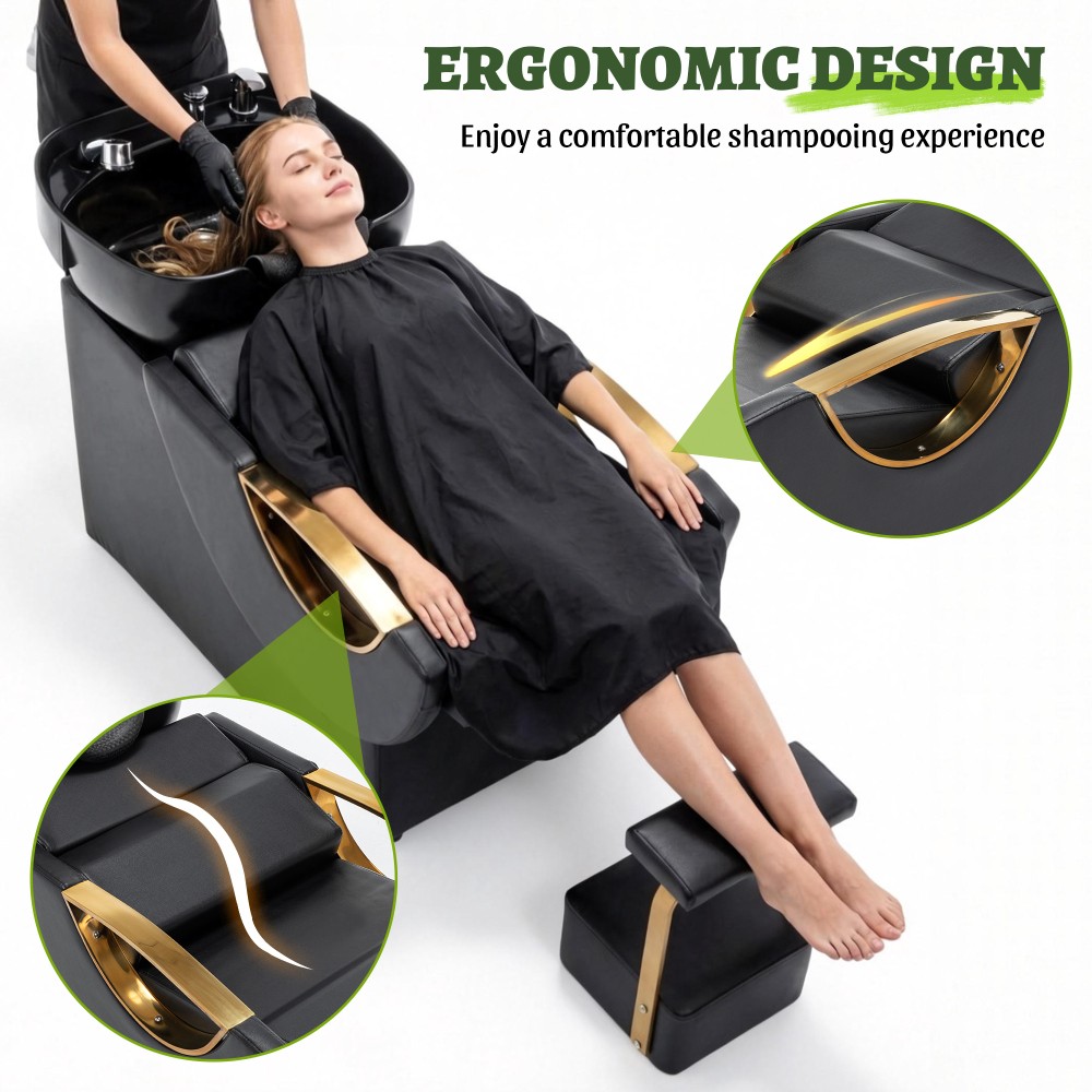 Salon Shampoo Bowl and Chair Set ABS Sink PU Leather Black