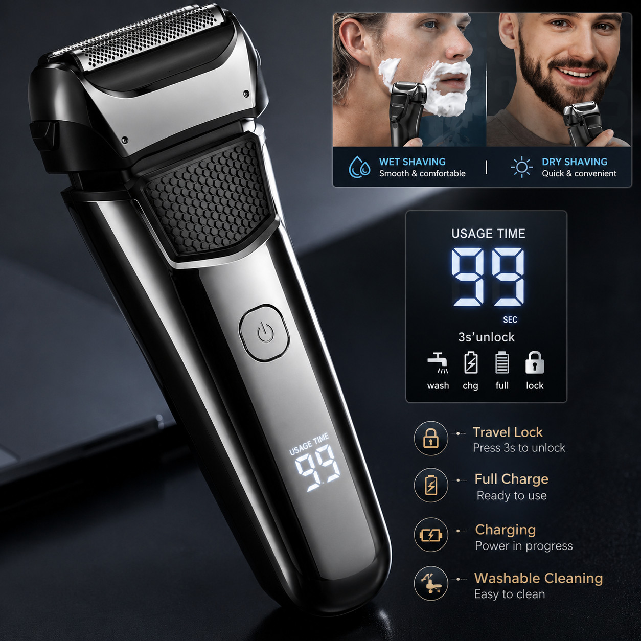 Men’s Electric Foil Shaver Rechargeable Washable Pop-Up Sideburns LED FK-609