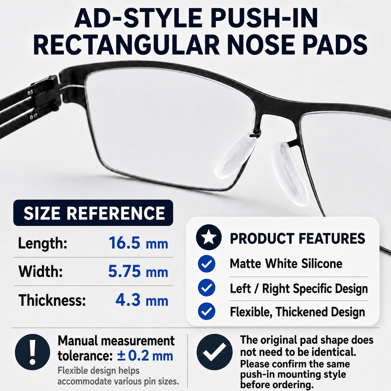 AD-Style Push-In Rectangular Nose Pads Matte White Silicone L/R 3 Pairs