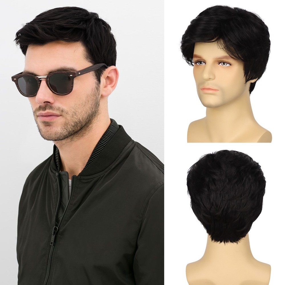 6in Men’s Short Brown Black Straight Wig Full Heat Resistant Synthetic Party