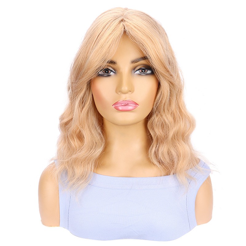 Brown Gold Water Wave Short Curly Wig with Curtain Bangs Synthetic Full Wig for