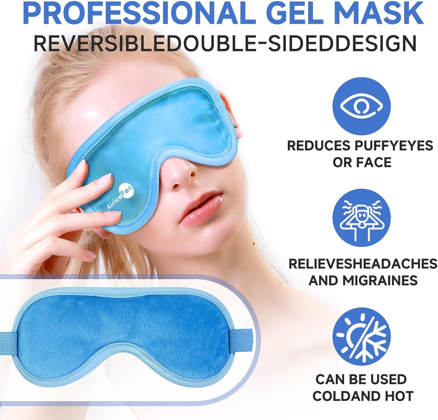 Cooling Gel Eye Mask Reusable Hot & Cold Compress, Adjustable Straps, Dual-Sided
