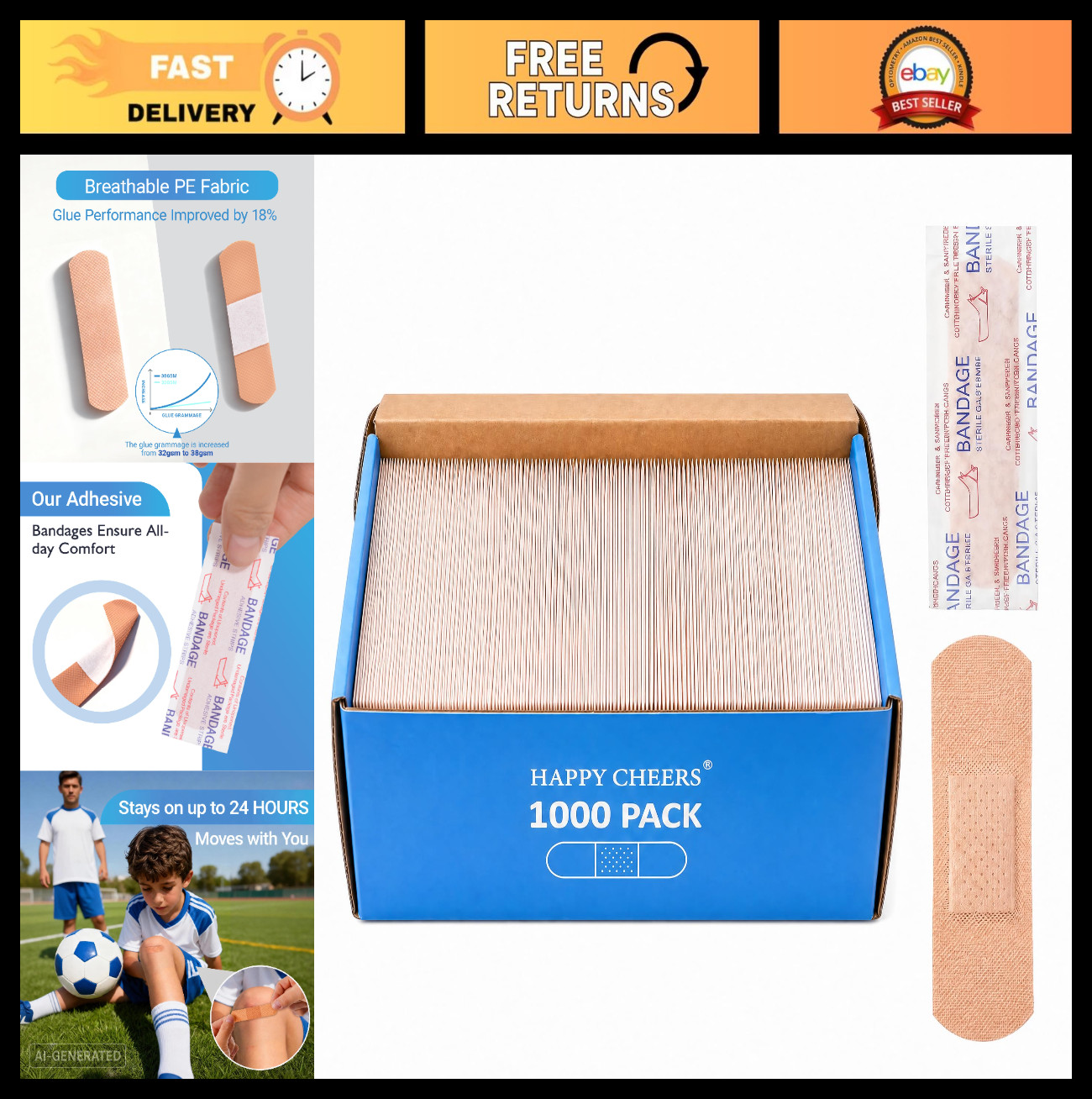 Bulk Adhesive Bandages 3/4″ x 3″ – 1000 Count Waterproof Non-Stick Wound Care