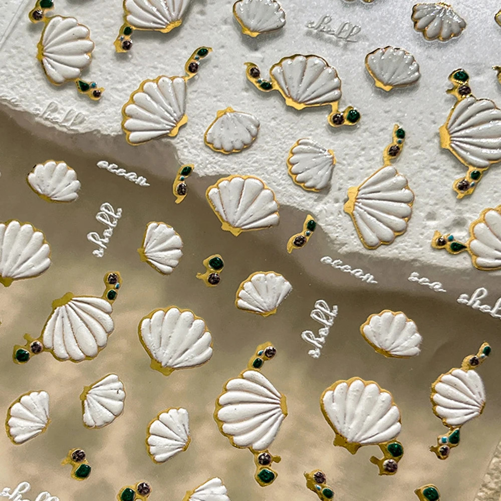1Pcs 5D Embossed White Seashell Nail Stickers Gold Border Scallop Self Adhesive