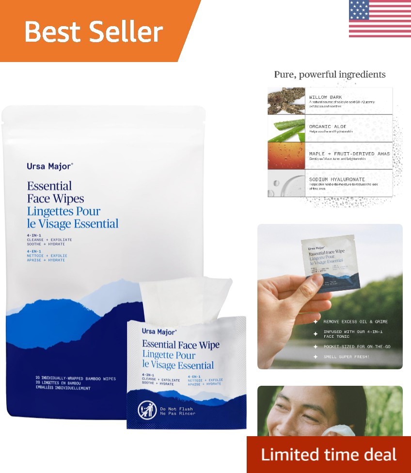 Essential Face Wipes Natural Biodegradable Cruelty-Free Individually Wrapped 20