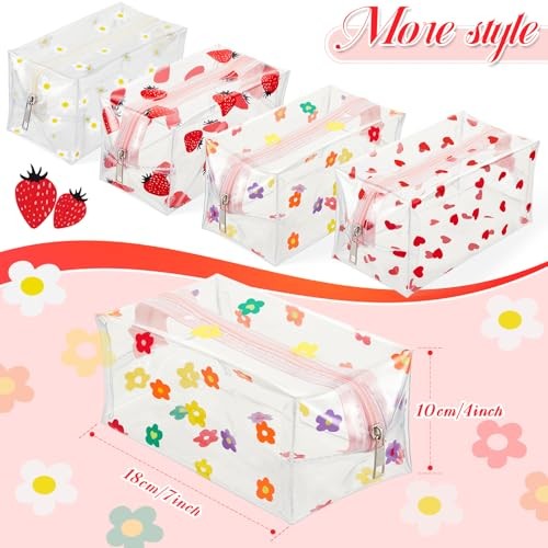 4 Pcs Clear Small Makeup Bag with Daisy Zipper Cute Flower Daisy Heart