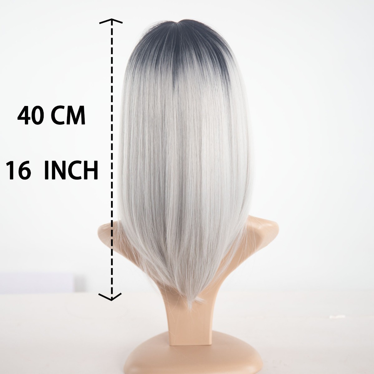 16in Long Straight Silver Grey Wig with Bangs Heat Resistant Synthetic for Women