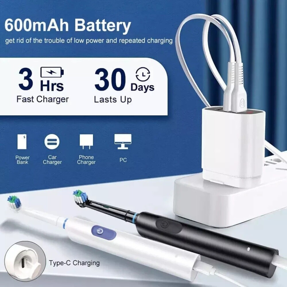 Pro Rotating Electric Toothbrush Rechargeable With 4 Brush Heads 5 Modes Timer