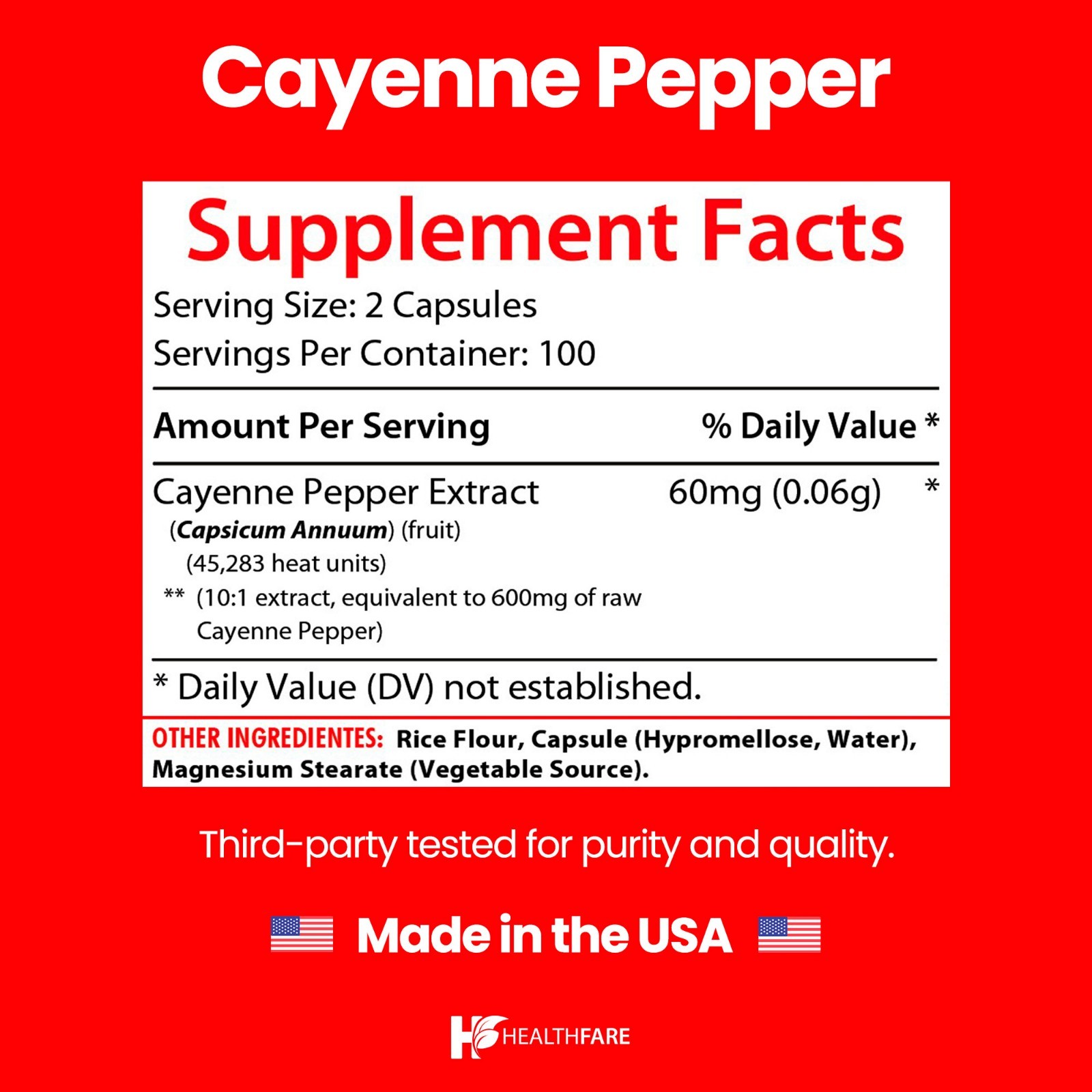 Healthfare Cayenne Pepper Extract, 600mg | 200 Veg Capsules | 45,000 HU