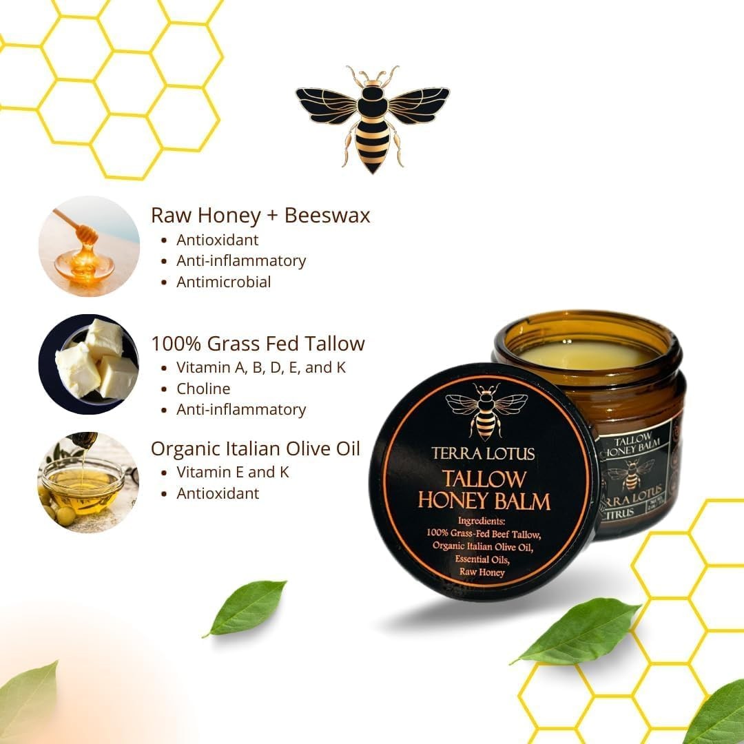 Organic Grass-Fed Beef Tallow Balm with Raw Honey-Moisturizing Cream(2 Oz,Citrus