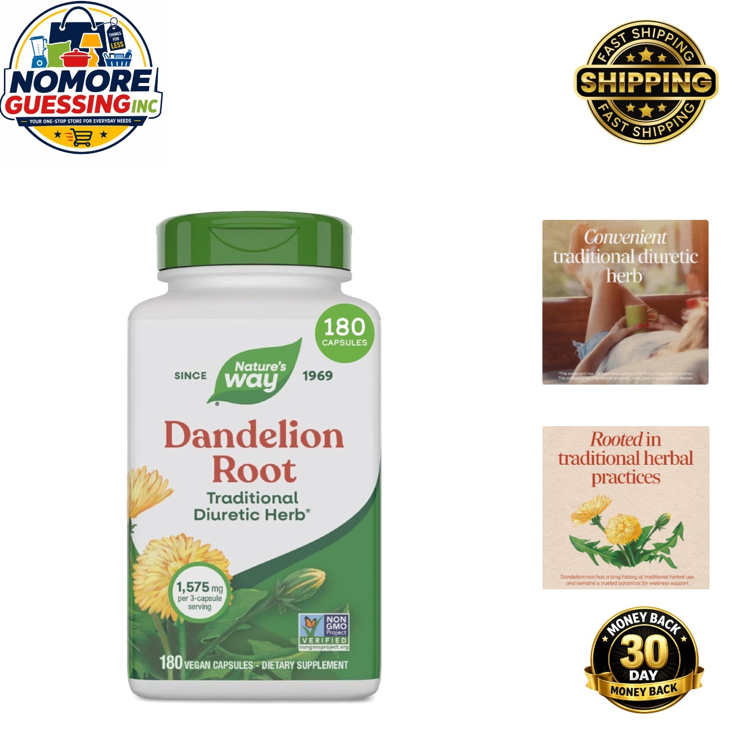 Dandelion Root Capsules – 1,575mg per Serving, 100 Count – & Non-GMO