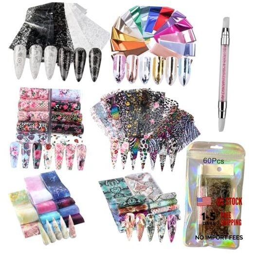 60 Pieces Nail Art Transfer Foils,Mixed Designs – White Black Lace, 60 Sheets A