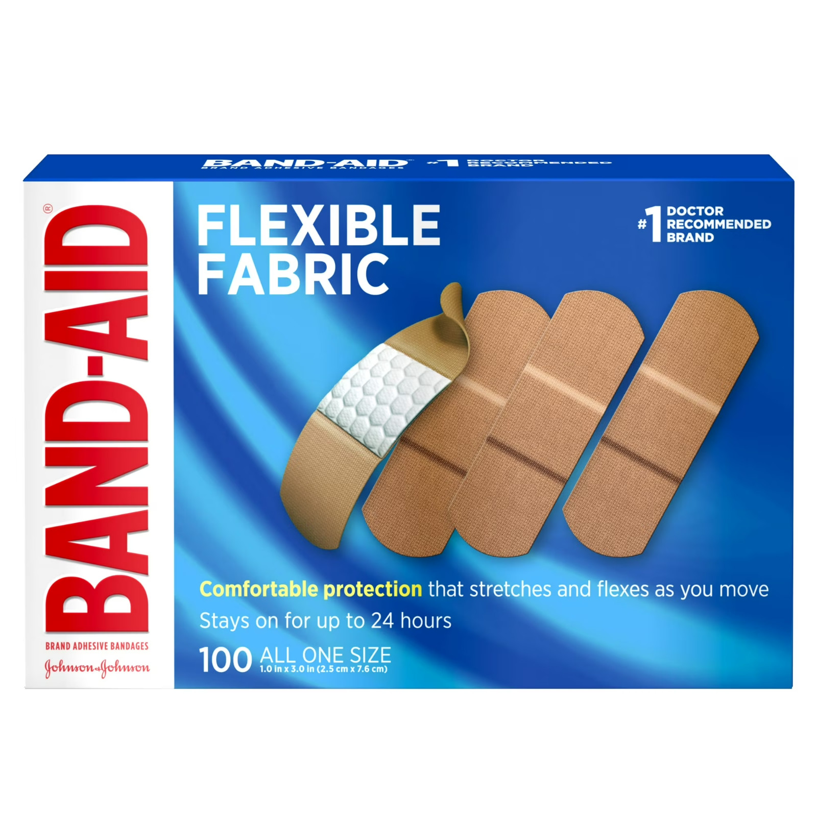 Band-Aid Brand Flexible Fabric Sterile Adhesive Bandages, Comfortable 100 Count.