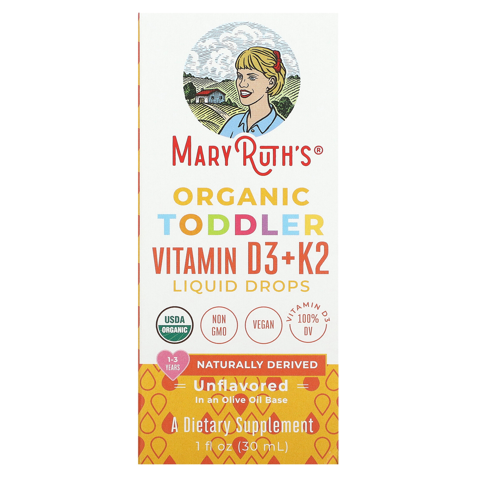 Organic Toddler Vitamin D3 + K2 Liquid Drops, 1-3 Years, Unflavored, 1 fl oz (30