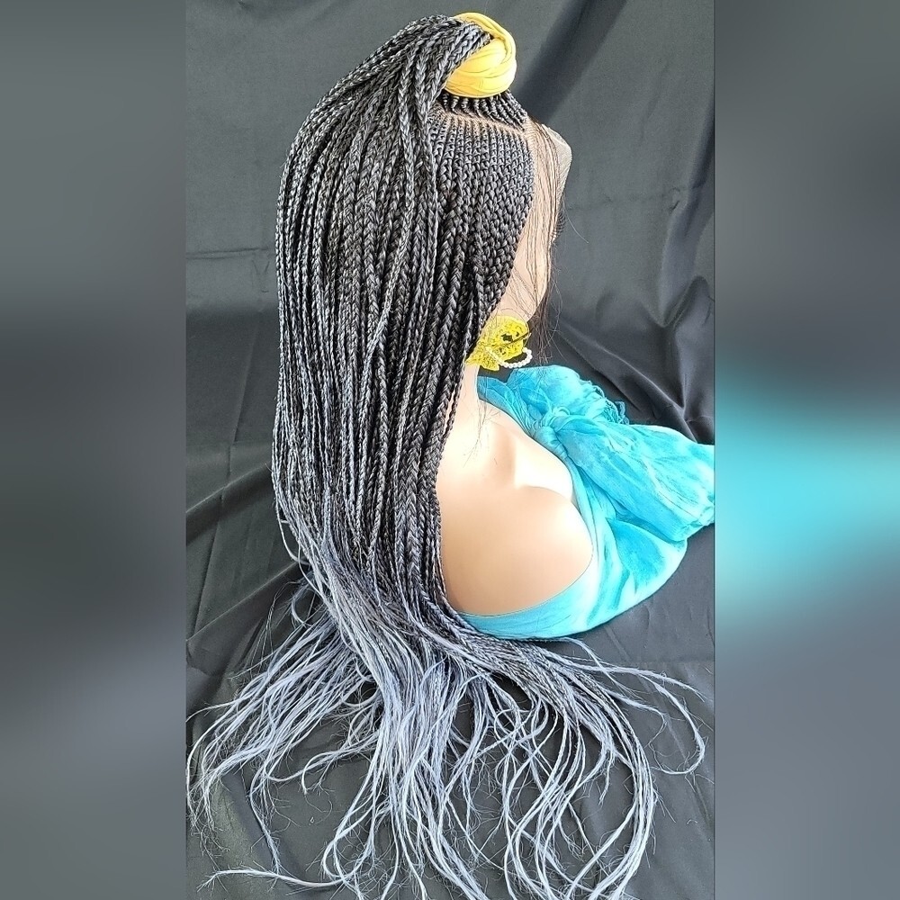 Braided Wig Micro Braids Lace Front Glueless 26in Silver Black Ombre Handmade