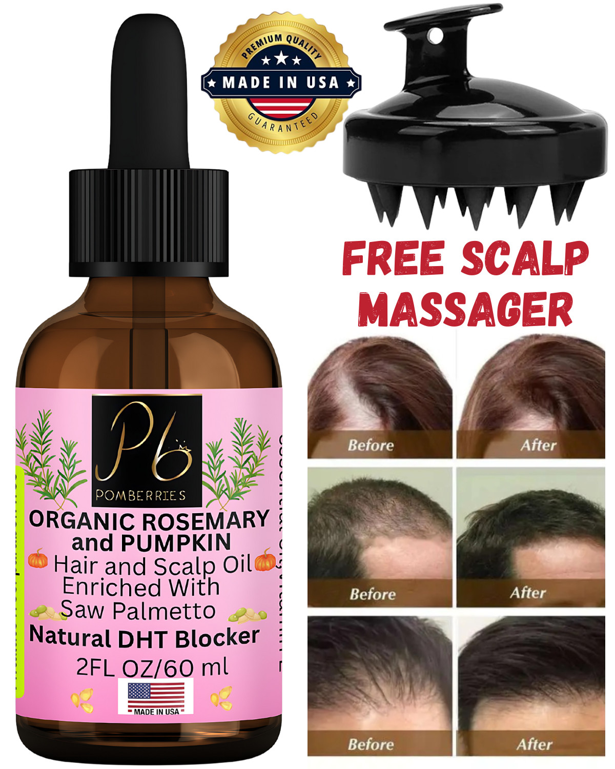Organic Rosemary Pumpkin Saw Palmetto Hair Scalp Oil for Regrowth, Hair Loss