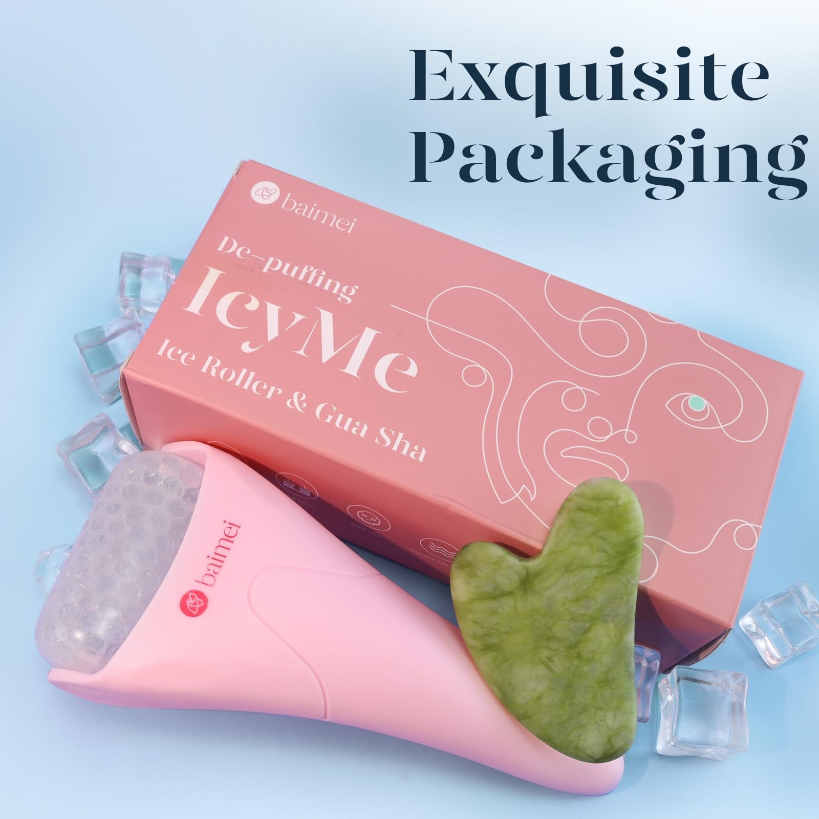 BAIMEI IcyMe Ice Roller for Face and Gua Sha Facial Tool Set, Pink