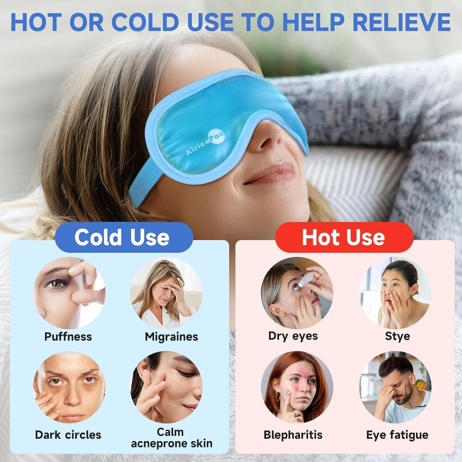 Cooling Gel Eye Mask Reusable Hot & Cold Compress, Adjustable Straps, Dual-Sided