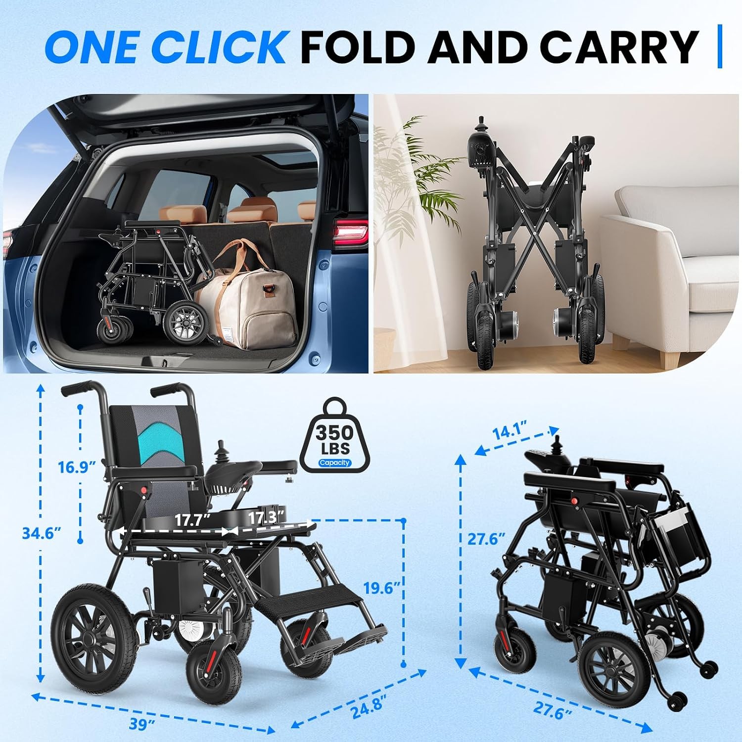 Kerdom Portable Folding Electric Wheelchair Blue