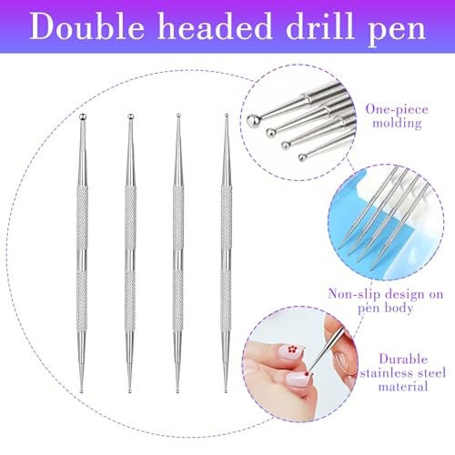 Jeffdad Nail Dotting Tool, 4 Pcs Professional Double-ended Nail Art silver