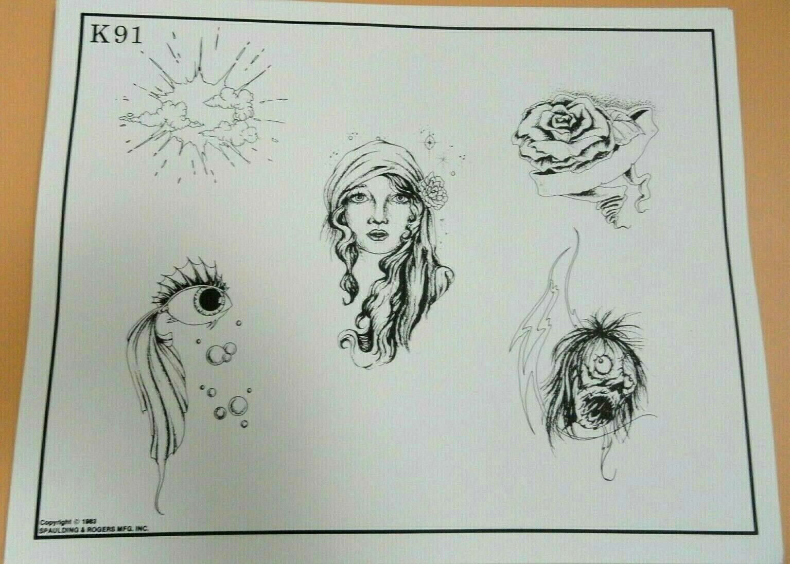 Vintage 1983 RARE Spaulding & Rogers Tattoo Flash Sheet K91 Rose Sun Clouds