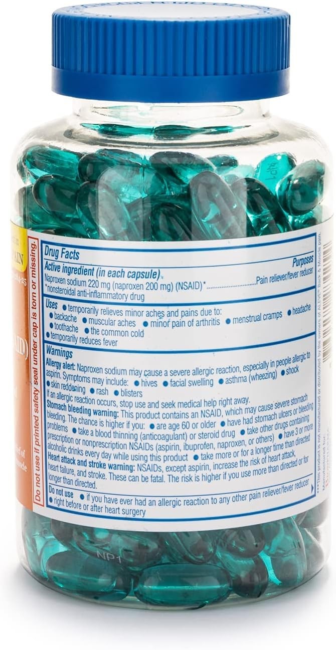 Pain Relief Naproxen Sodium Liquid-Filled Capsules – 180 Count, Easy to Swallow