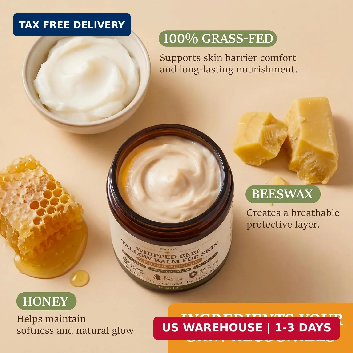 Grass-Fed Beef Tallow for Skin, Whipped Tallow and Honey Balm for Face and Body,