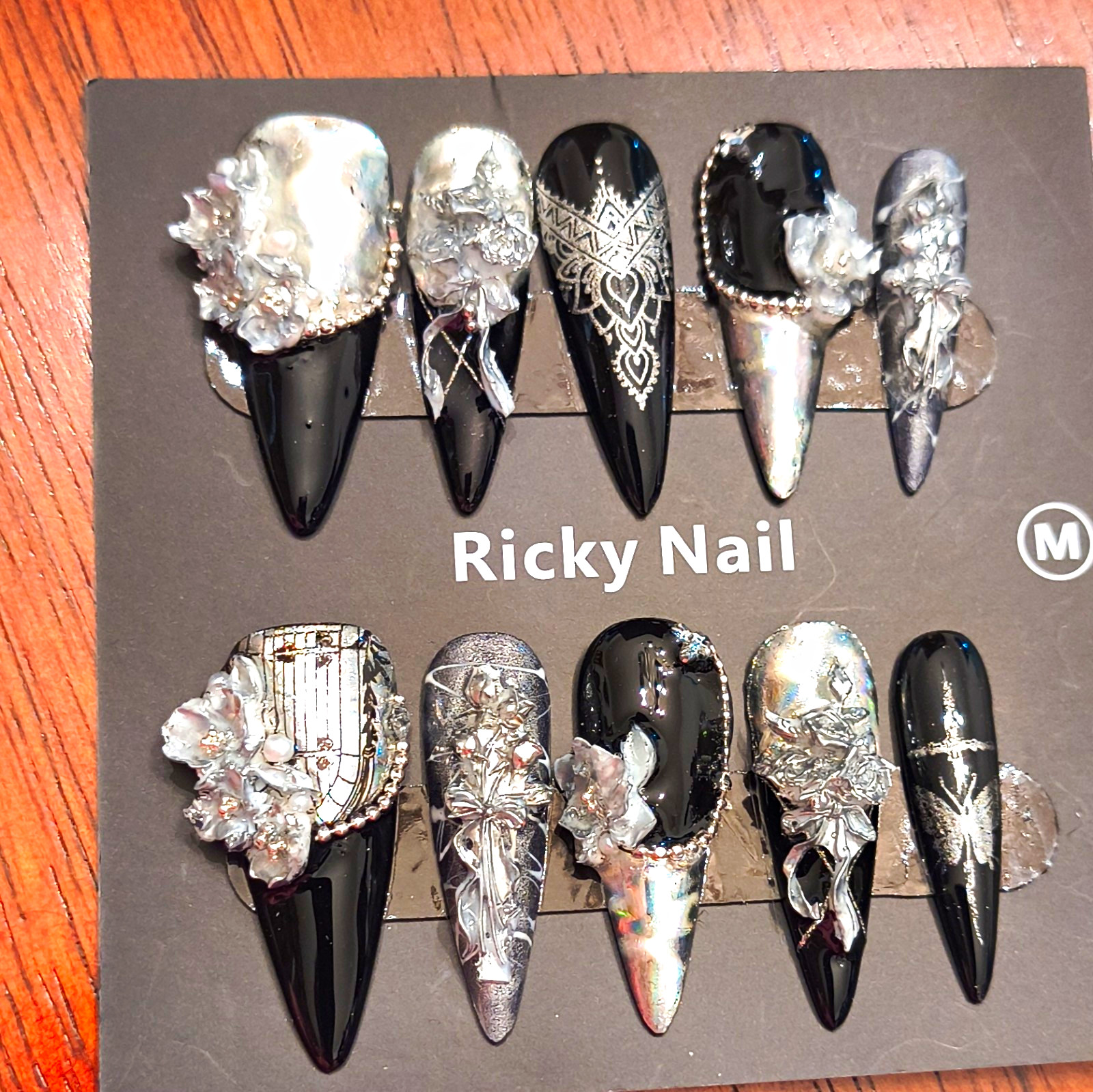 Ricky Nail Press-On Nails Black/Silver 3D Floral Long Stiletto Medium