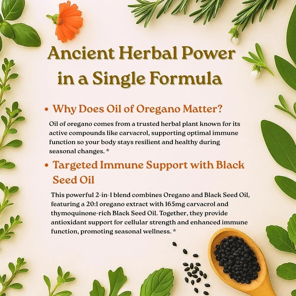 2 in 1 Oil of Oregano & Black Seed Softgels Count with Carvacrol,Immune Support