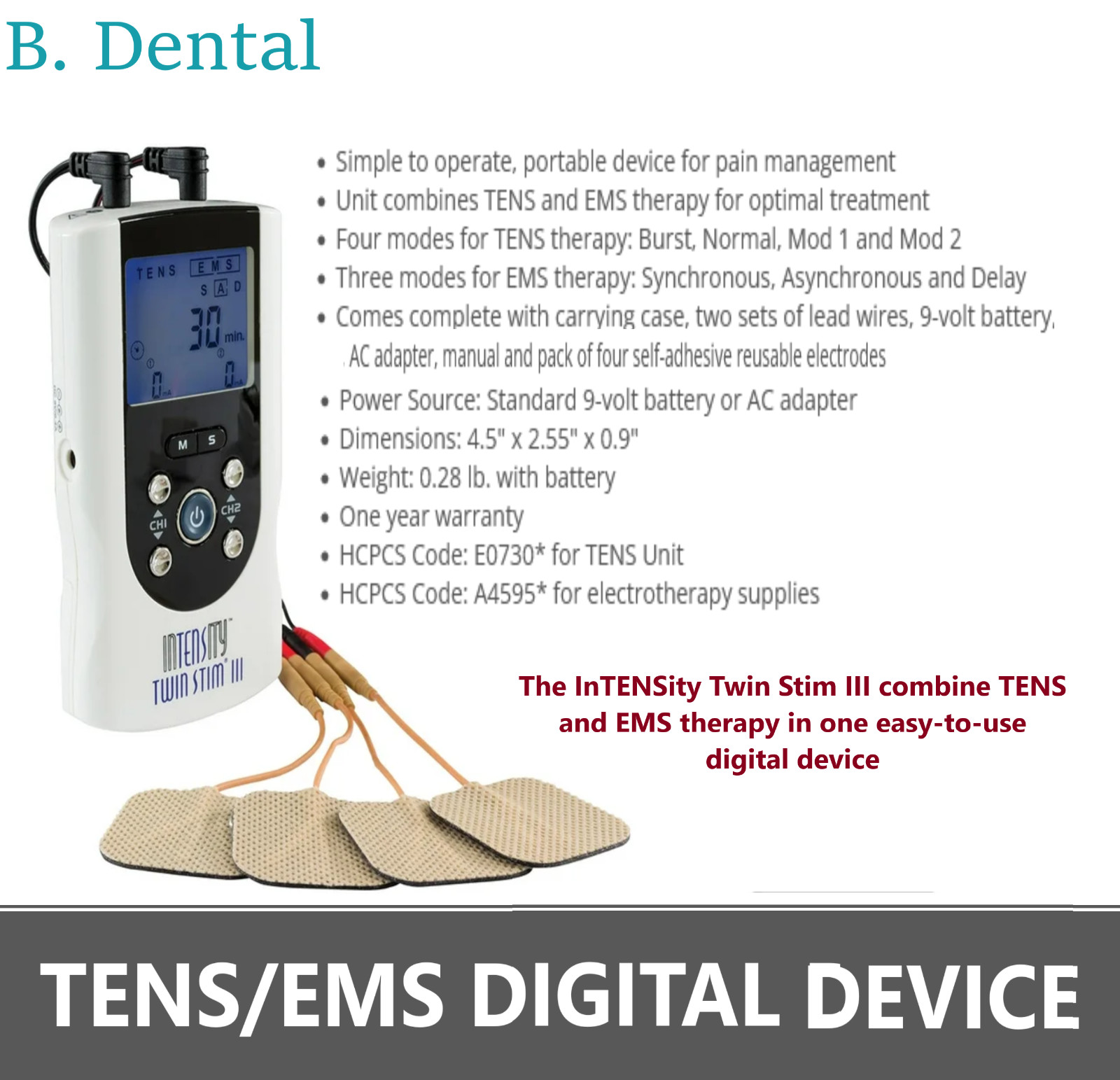 Muscle Stimulation Therapy Digital Device, Four modes, Electrodes, 1 Year Wrnt