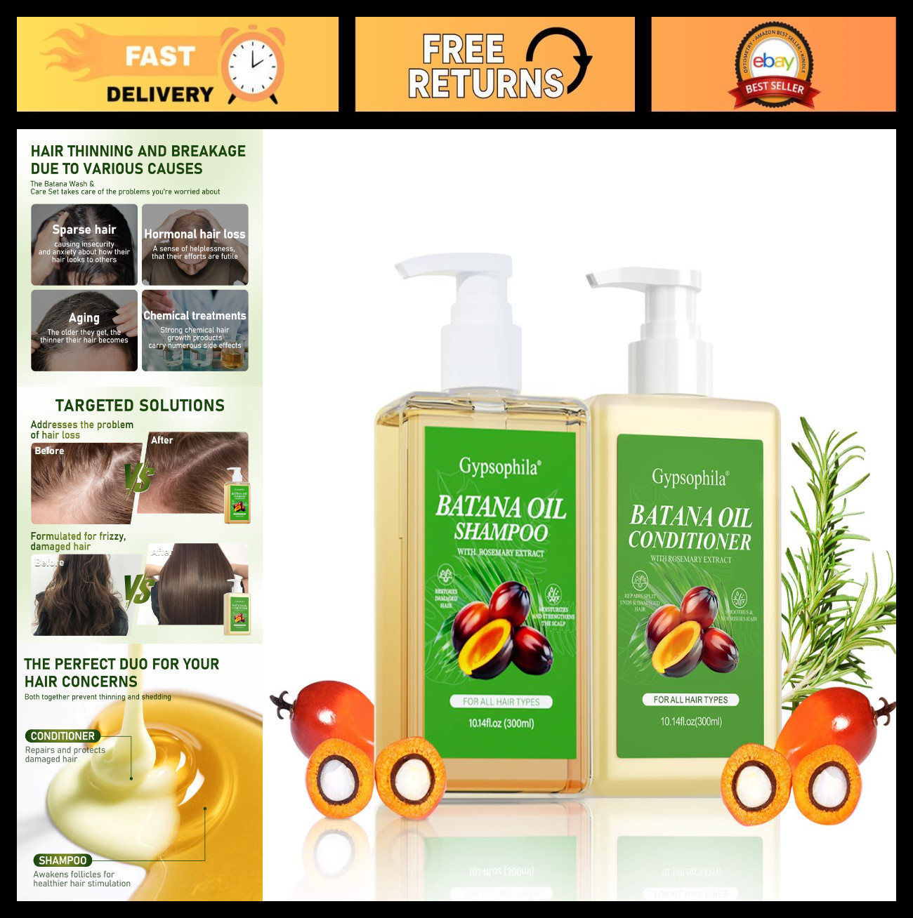 Sulfate-Free Batana Oil Shampoo & Conditioner for Hair Growth, 10.14 Fl Oz