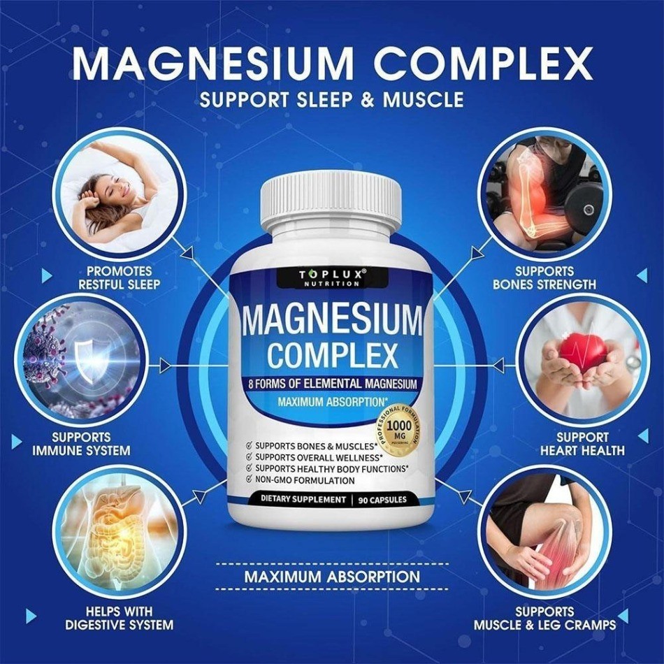 Toplux Nutrition Magnesium Complex 1000mg 8 Elemental Magnesium – 1/2/3 Bottles