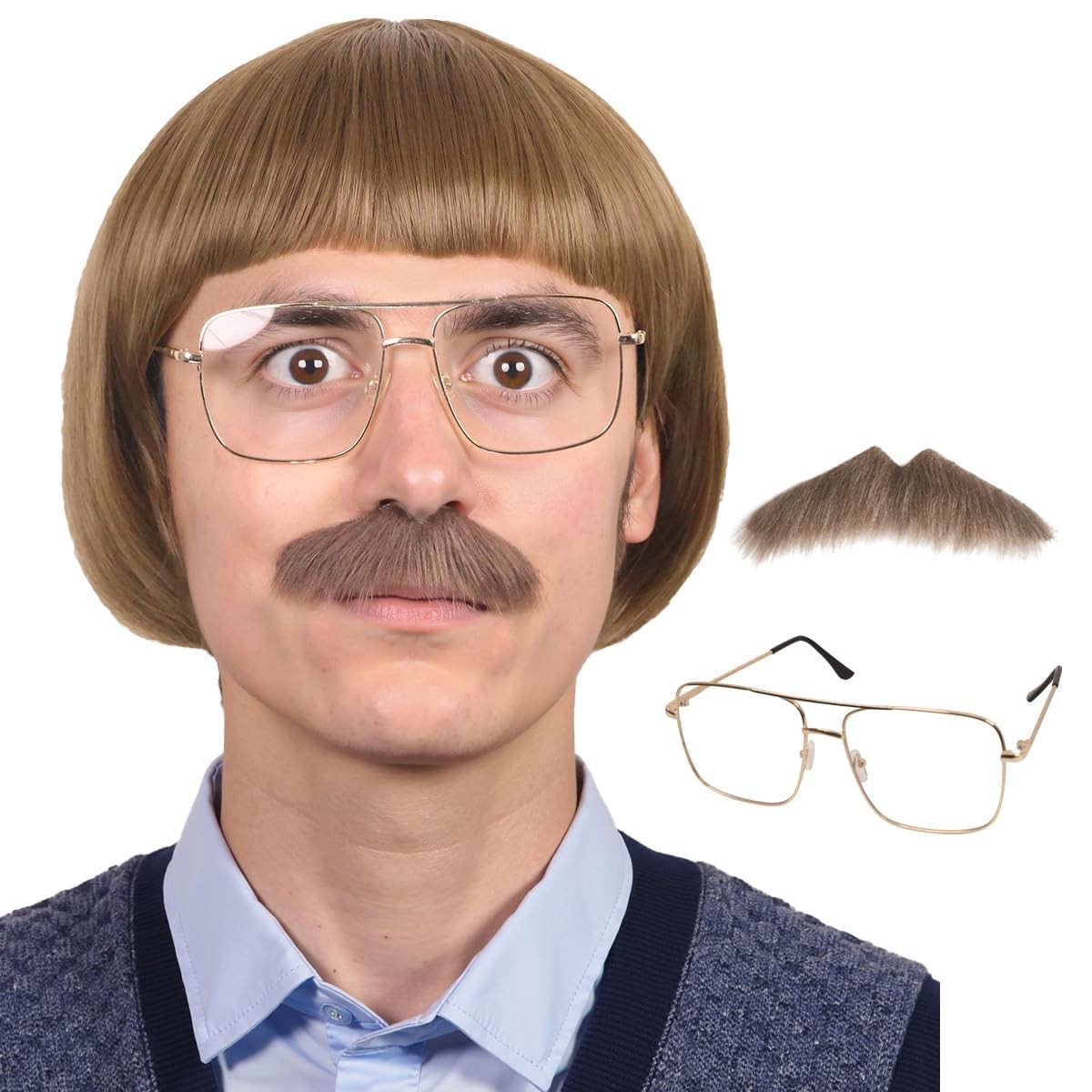 Short Straight 60 70s Bowl Cut Funny Wig with Glasses and Mustache for Men Crazy