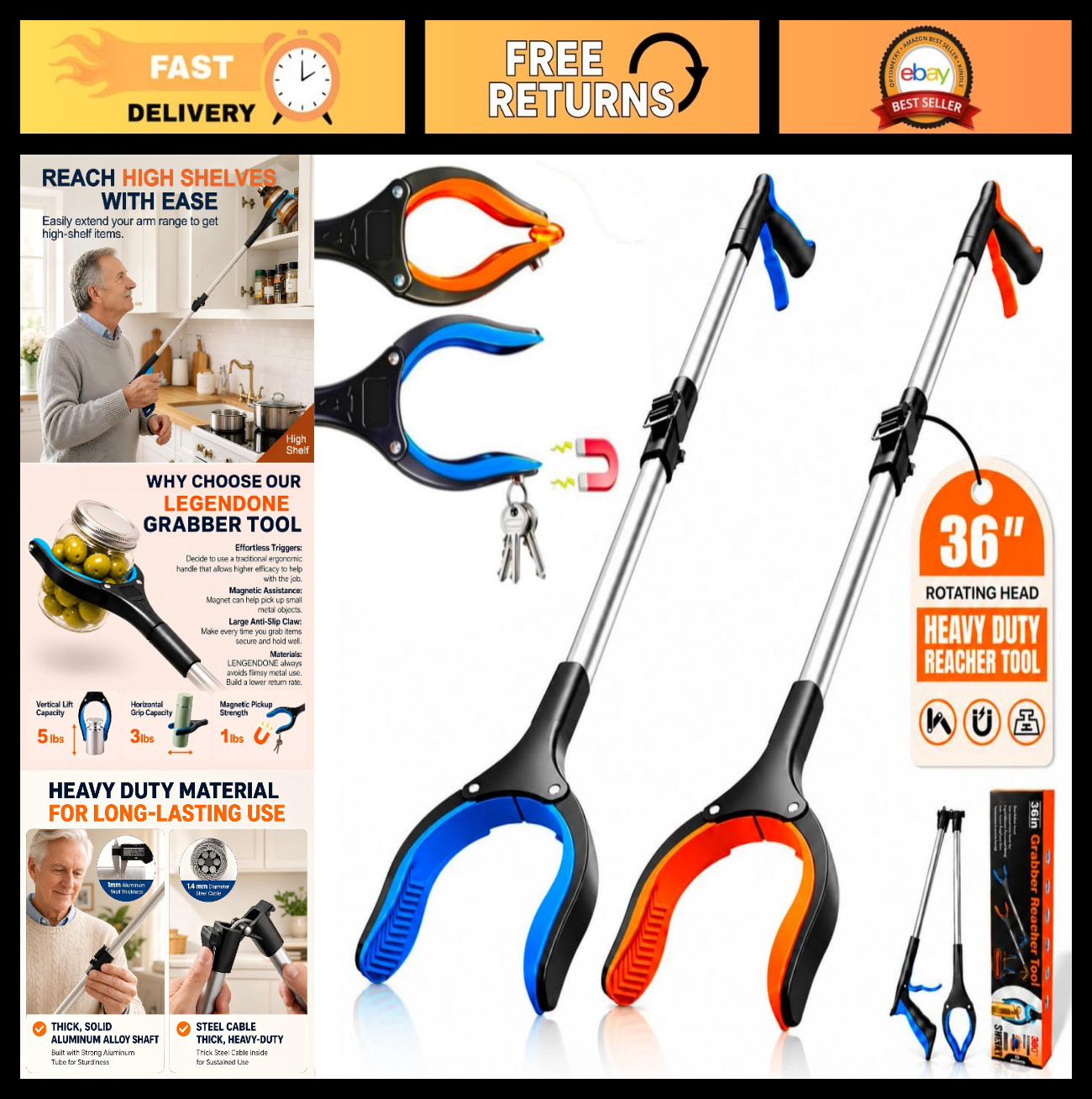 2 Pack 36″ Magnetic Grabber Reacher Tool – Heavy Duty, Foldable Trash Picker, 36