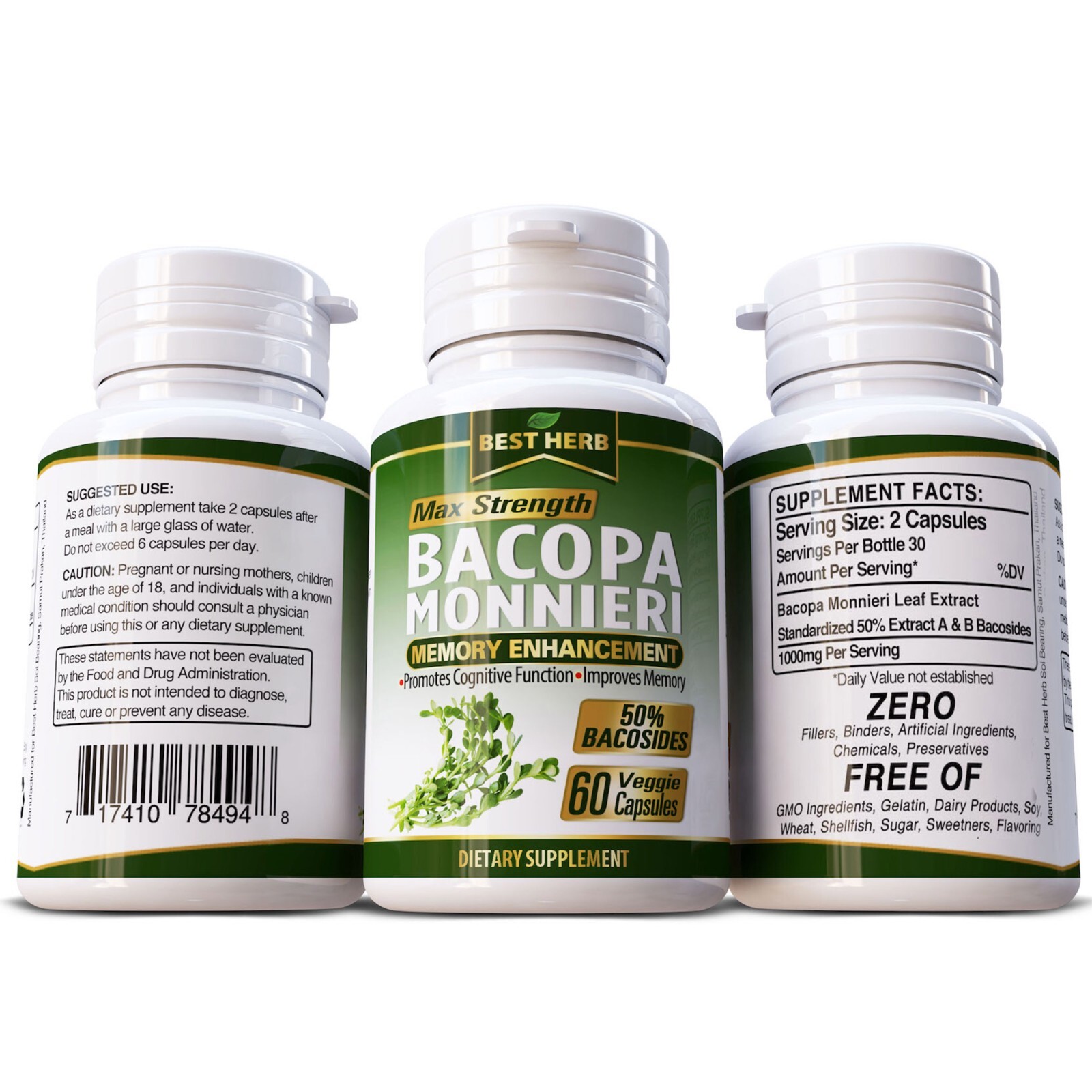 BRAIN ENHANCER MEMORY BACOPA MONNIERI EXTRACT BRAHMI ADHD ANXIETY PILL CAPSULE