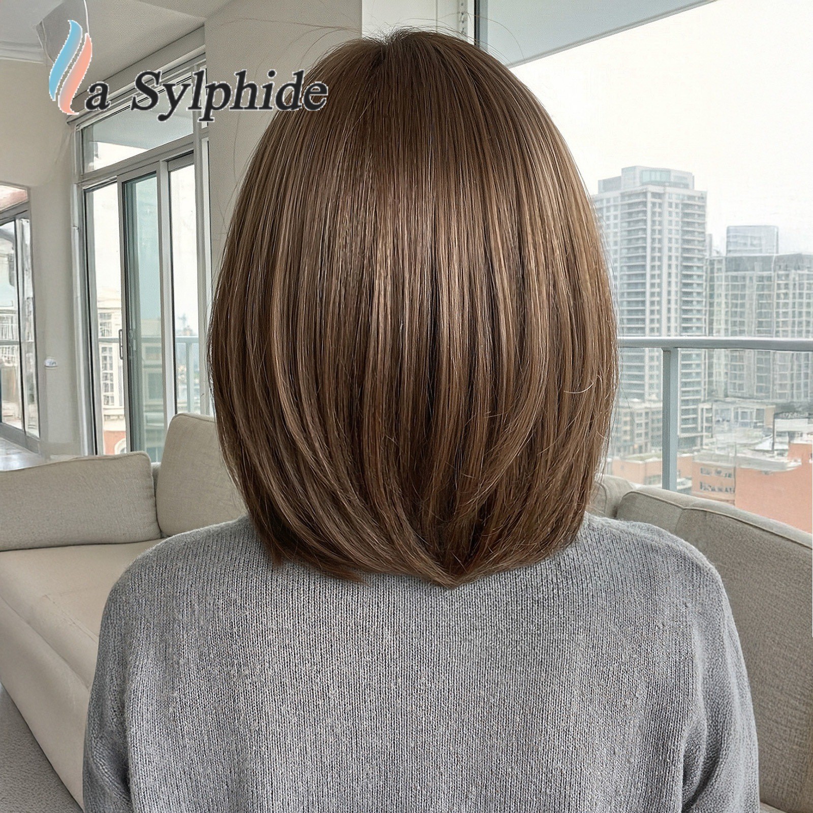 Brown Highlight Clavicle BOB Short Straight Wig Side Bang Rose Net Breathable