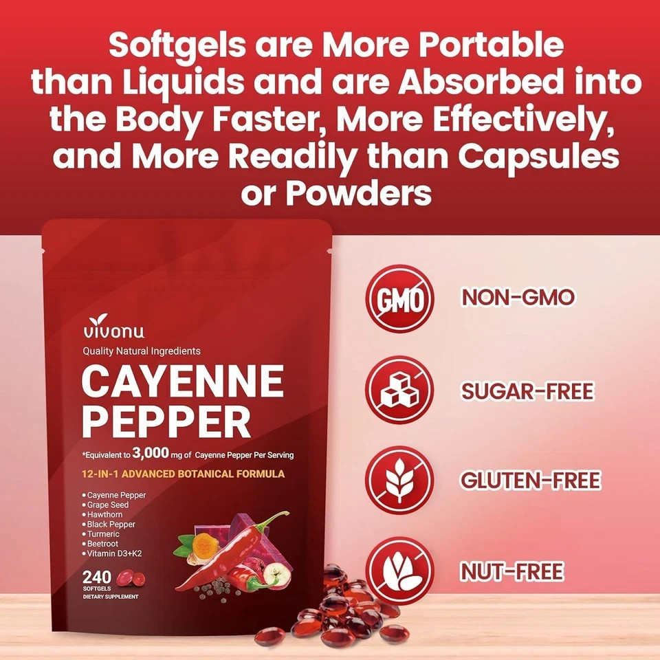 VivoNu Cayenne Pepper Softgels Supports Heart Vein Blood Vessel Health Vitamin E