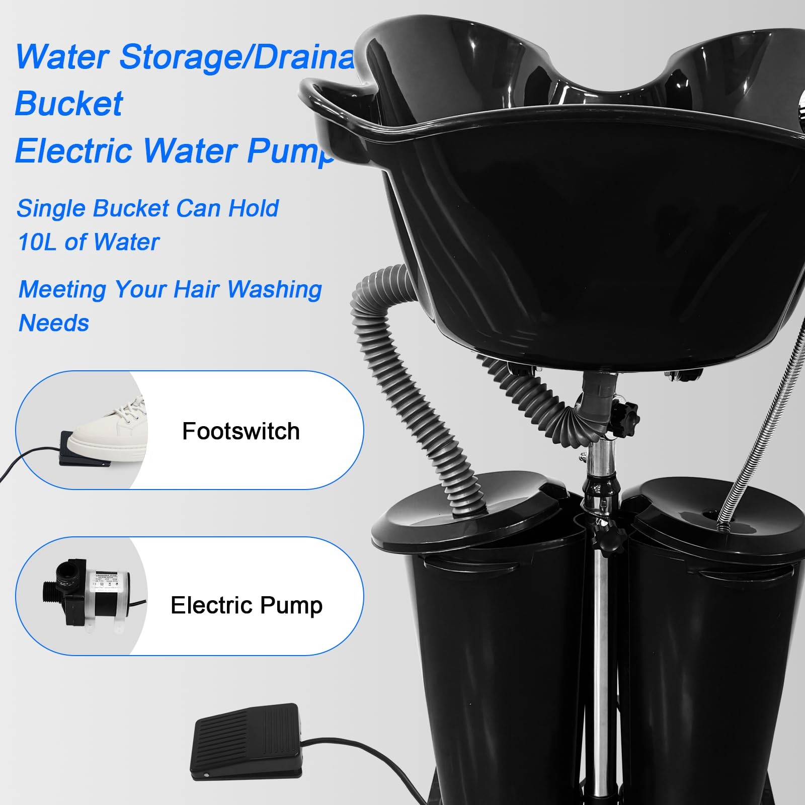 Professional Electric Pump Portable Shampoo Bowl w/ 2 Buckets,Home Salon Use