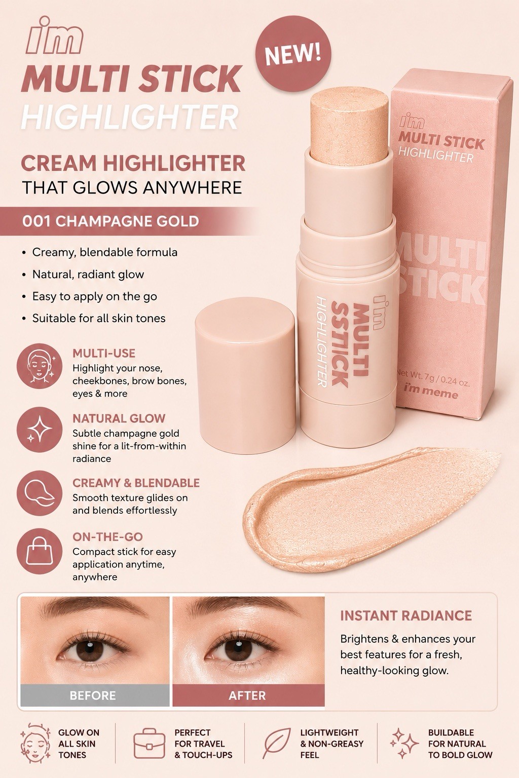 I’M MEME Multi Stick Highlighter 001 Champagne Gold 0.24oz NEW IN BOX