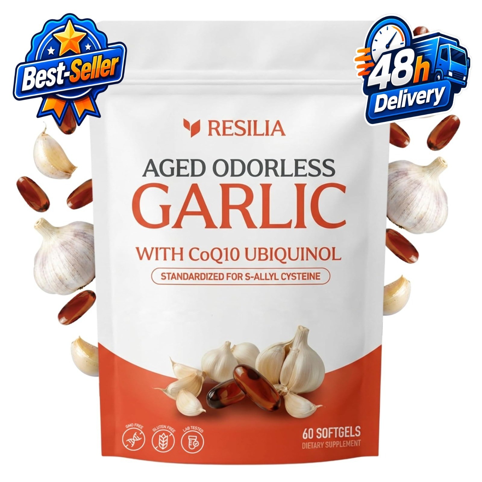 Resilia Odorless Aged Garlic Extract Softgels 1200mg CoQ10 Vitamin K2