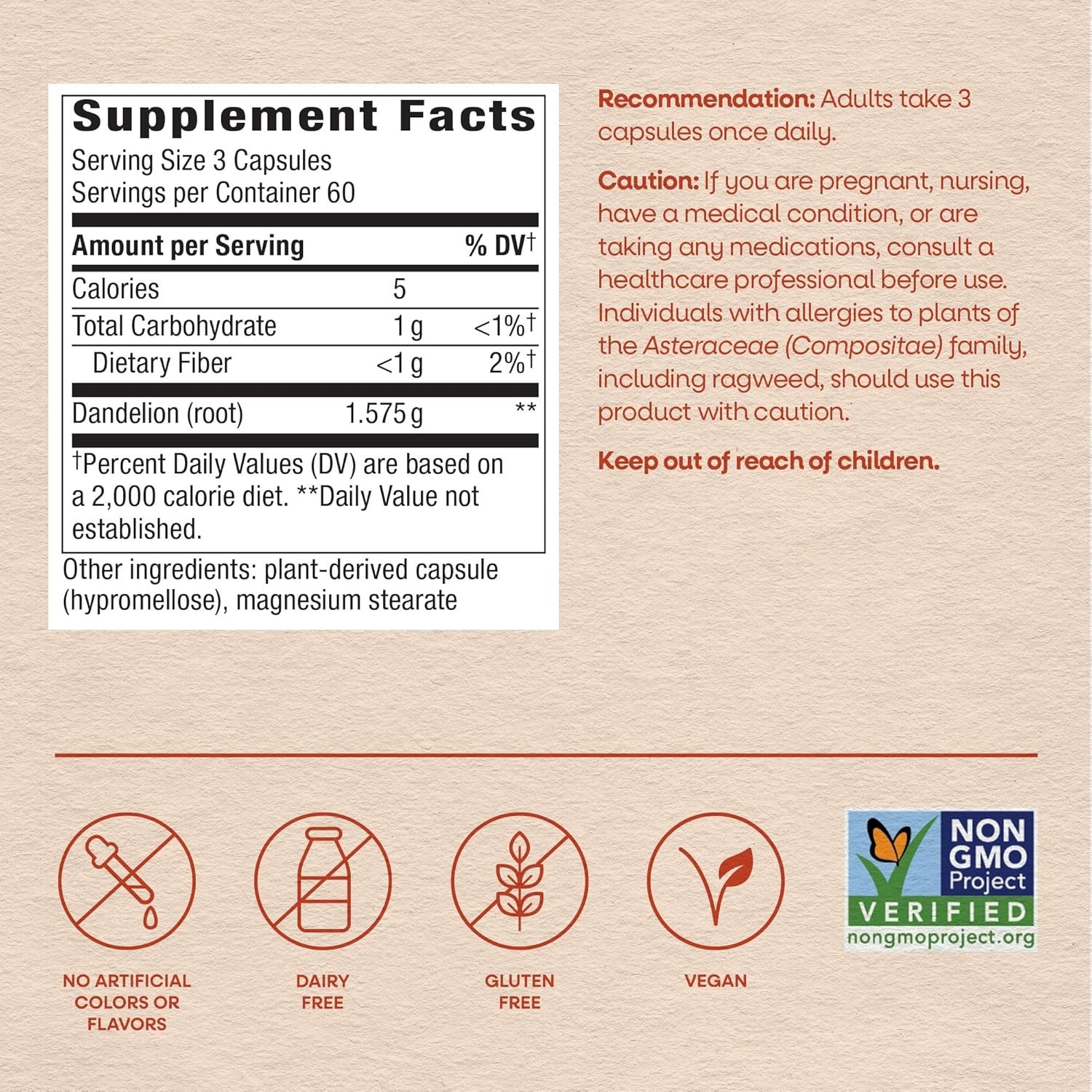 Dandelion Root Capsules – 1,575mg per Serving, 100 Count – & Non-GMO