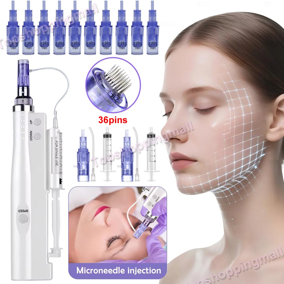 Micro Meso-Pen Acne Wrinkle Removal Therapy Gun with 10Pcs 36Pin Cartridges Tip
