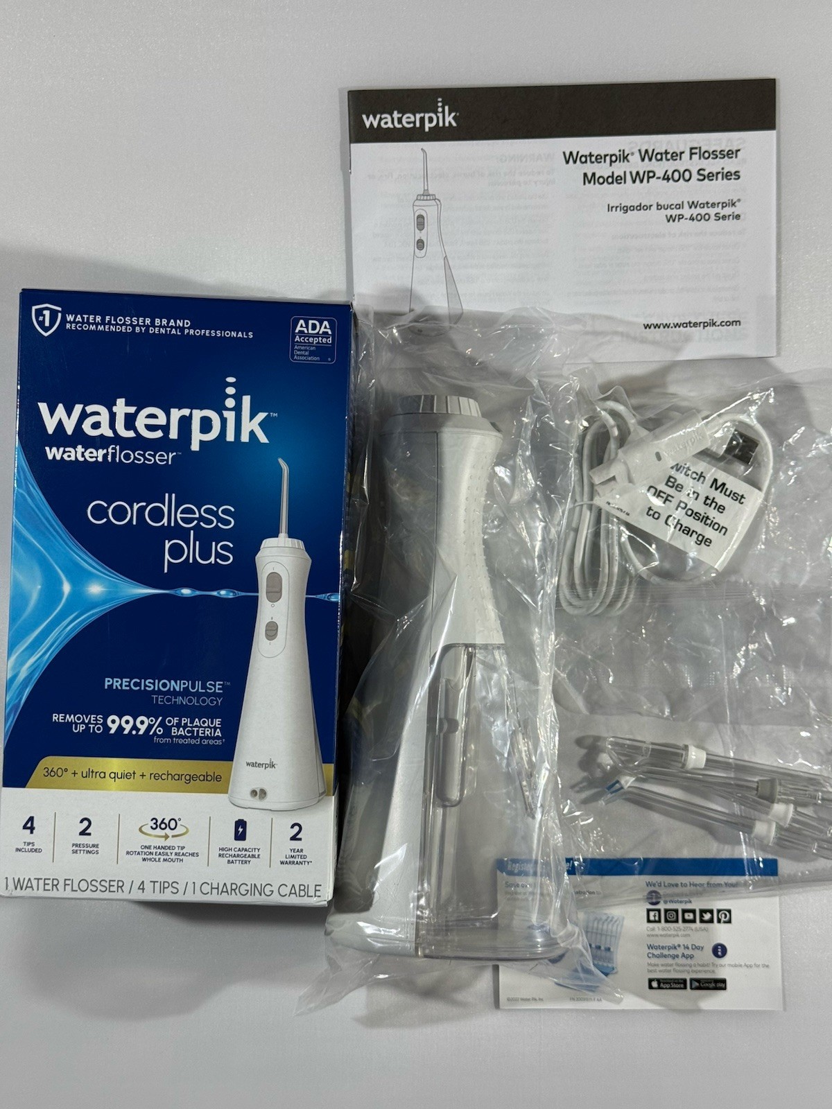 Waterpik Cordless Plus Water Flosser WP-450W Open Box Never Used 4 Tips