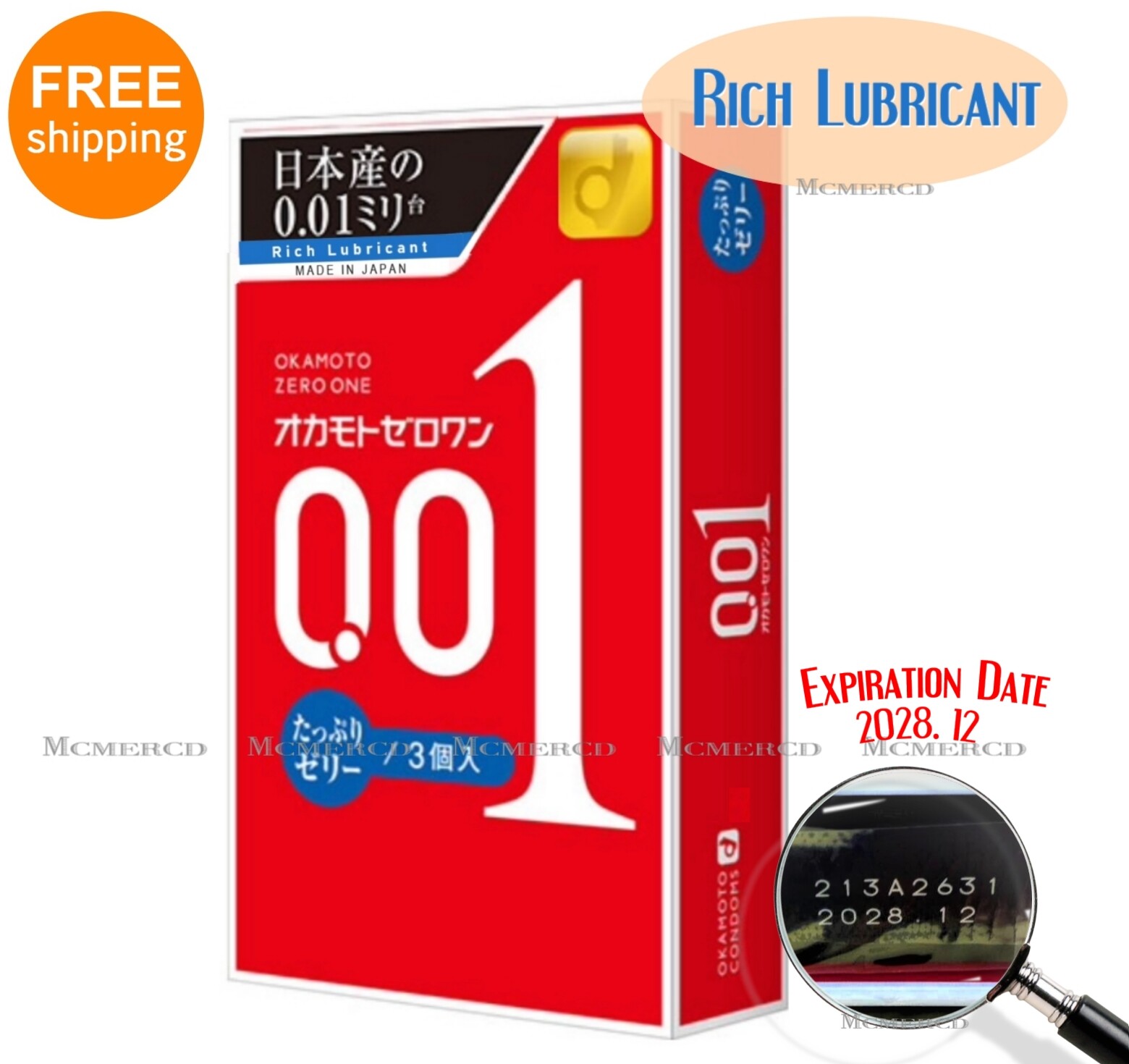 OKAMOTO 001 Rich Lubricant (Standard Size) Condom [EXP DATE: 2028.12] US Seller